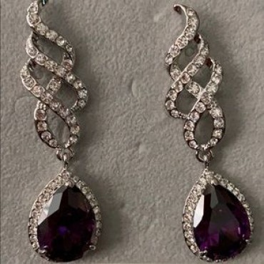 Silver Rhinestone Triple Loop Design w/Purple Teardrop Earrings