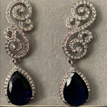 Silver Rhinestone Swirl Design w/Royal Blue Teardrop Earrings