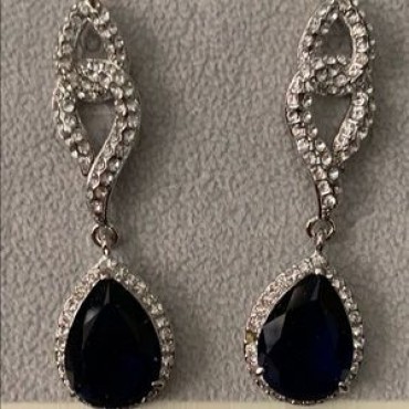 Silver Rhinestone Double Loop Design w/Royal Blue Teardrop Earrings