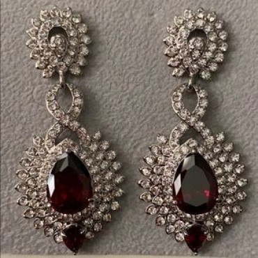 Double Silver Rhinestone w/Red Chandelier Teardrop Earrings