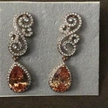 Silver Rhinestone Swirl Design w/Peach Teardrop Earrings