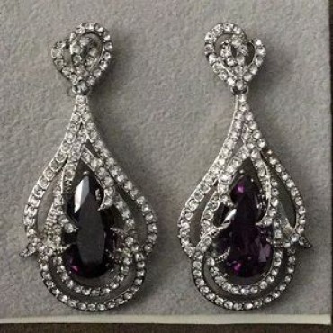 Silver Rhinestone Double Design w/Purple Teardrop Earrings