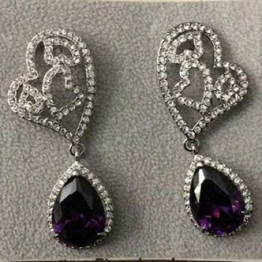 Silver Rhinestone Heart w/Purple Teardrop Earrings