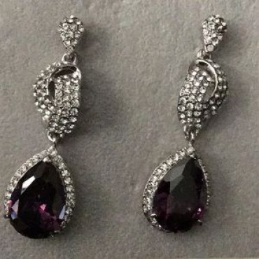 Silver Rhinestone Loop w/Purple Teardrop Earrings  