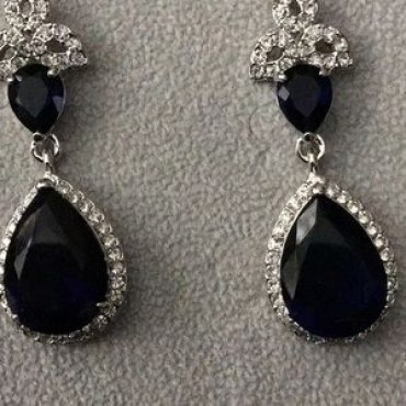 Silver Rhinestone Design w/Double Royal Blue Teardrop Earrings