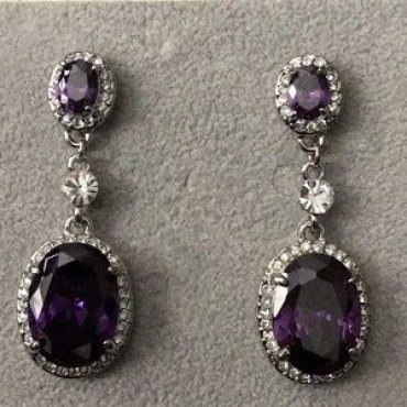 Silver Rhinestone Diamond Design w/Double Purple Dangle Earrings