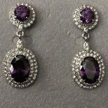 Silver Rhinestone w/Double Purple Dangle Earrings 