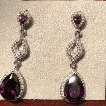 Silver Rhinestone w/Purple Teardrop Earrings