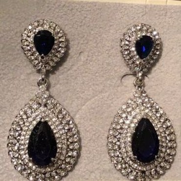 Double Rhinestone w/Royal Blue Teardrop Earrings